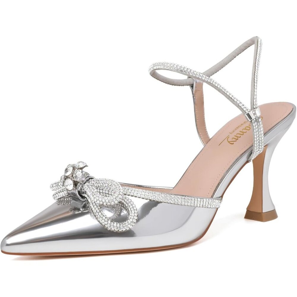 Women's Rhinstone Silver Adjustable Strap Bow Closed Toe Pumps Heeled Shoes
